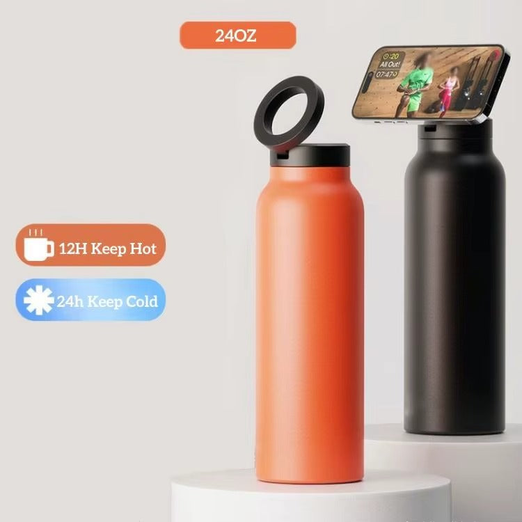 24oz Stainless Steel Magnetic Phone Holder Water Bottle, Vacuum Insulated Cup, Portable Waterproof Drink Tumbler